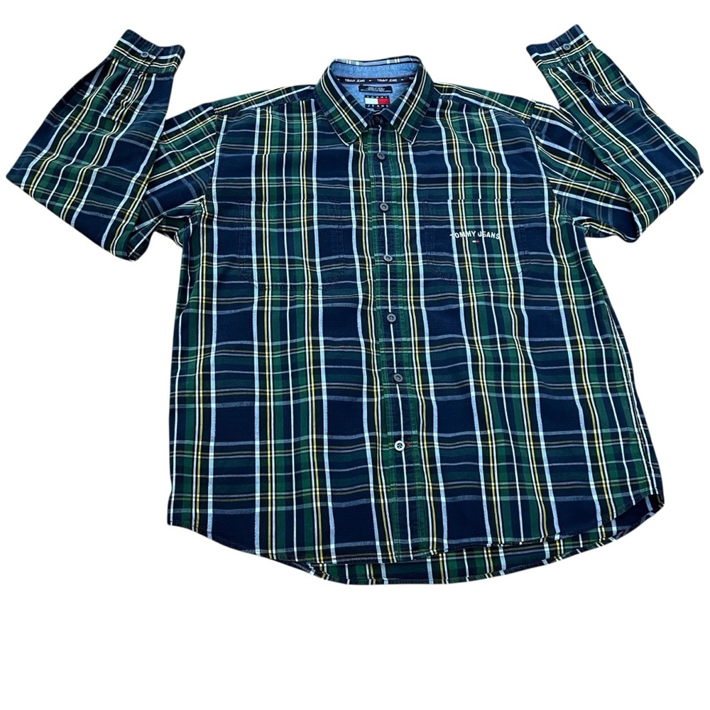 TOMMY HILFIGER Vintage Y2K  Tartan Green  Plaid Button Up Button Down Shirt SZ:L